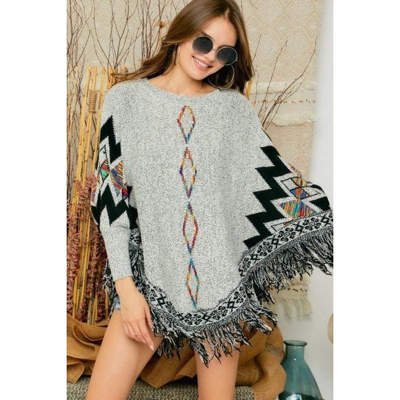 ADORA Sweaters - Adora Southwestern Knit Poncho Women One Size Grey Rainbow Excellent Fringe Boho